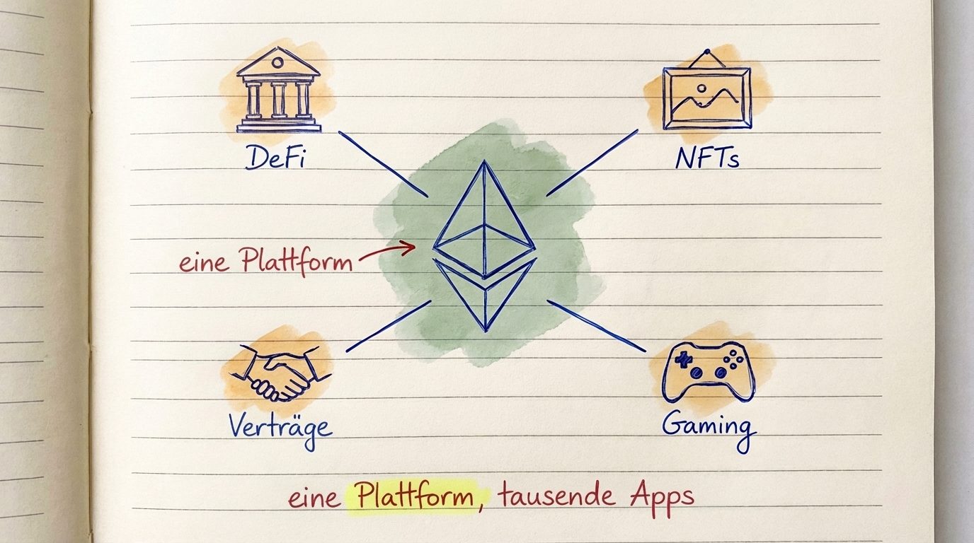 Ethereum-Diamant im Zentrum mit Verzweigungen zu DeFi, NFTs, Gaming und Verträgen — eine Plattform, tausende Apps