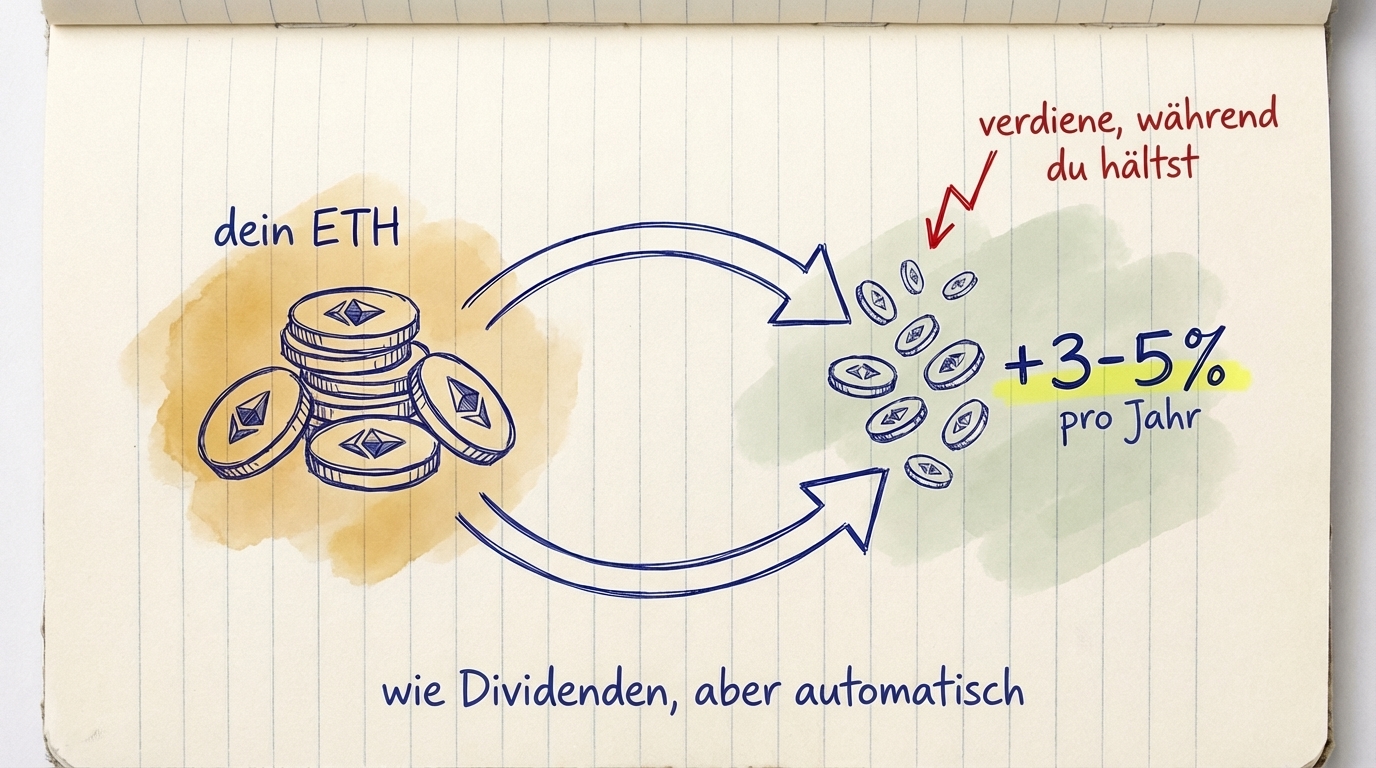 Ethereum-Staking-Kreislauf: dein ETH generiert +3-5 % pro Jahr — wie Dividenden, aber automatisch