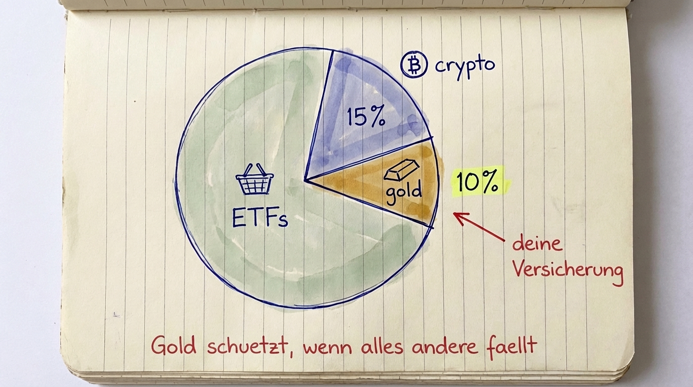 Portfolio-Tortendiagramm: 75 % ETFs, 15 % Krypto, 10 % Gold — Gold ist deine Versicherung, wenn alles andere fällt