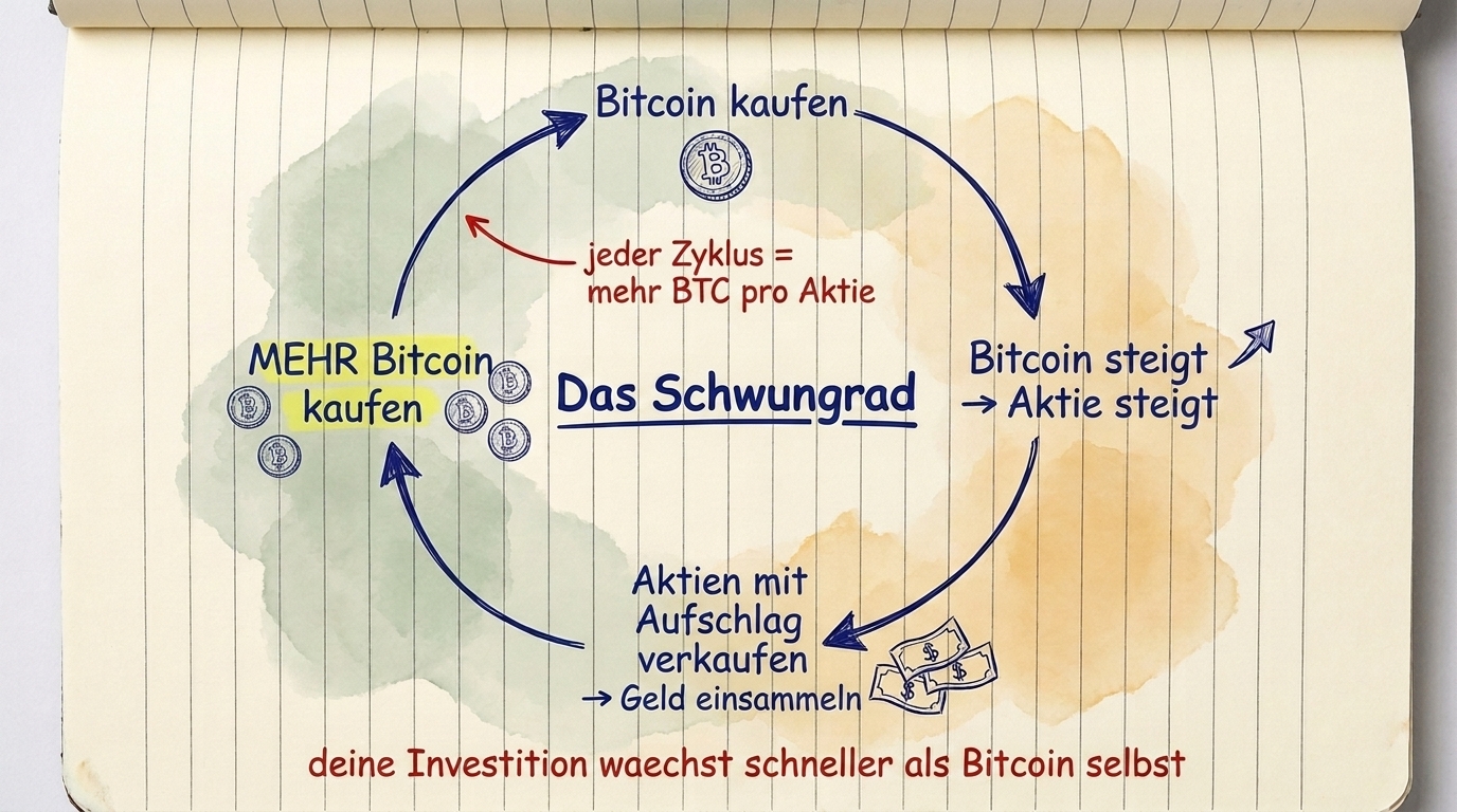 Die Strategy Flywheel: Bitcoin kaufen, Aktie steigt, Aktien mit Prämie verkaufen, mehr Bitcoin kaufen — jeder Zyklus fügt mehr BTC pro Aktie hinzu