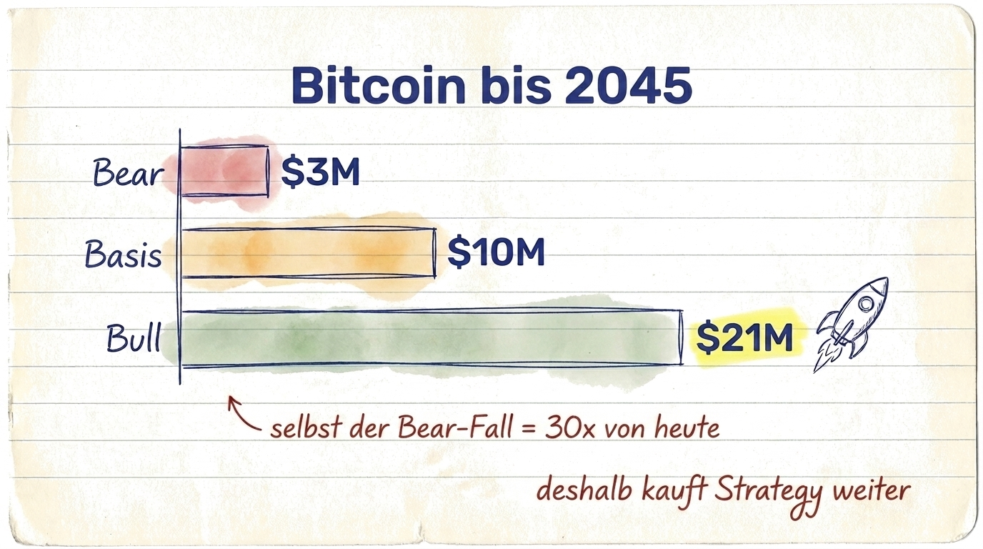 Bitcoin bis 2045: Bär $3M, Basis $10M, Bulle $21M — selbst der Bärenfall ist 30x von heute