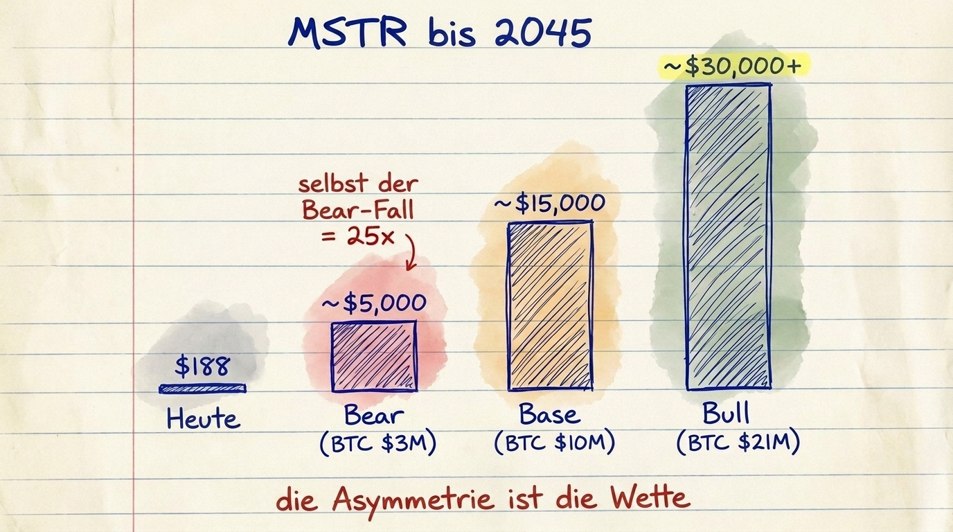 MSTR Langzeitszenarien: Bär (BTC $3M) = MSTR $5.000, Basis (BTC $10M) = MSTR $15.000, Bulle (BTC $21M) = MSTR $30.000+