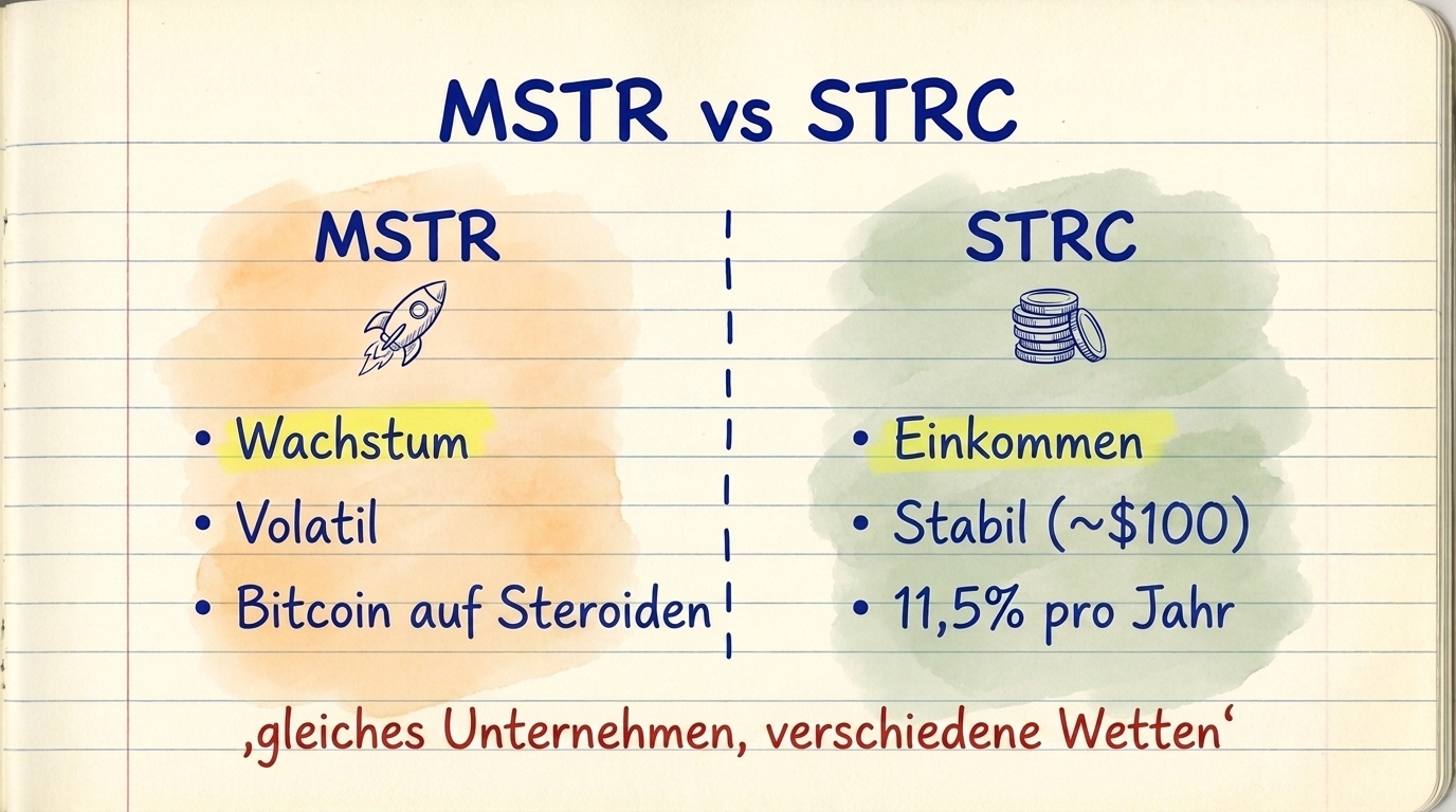 MSTR vs STRC: MSTR ist Wachstum, volatil, Bitcoin auf Steroiden. STRC ist Einkommen, stabil bei $100, 11,5 % pro Jahr. Selbes Unternehmen, verschiedene Wetten.