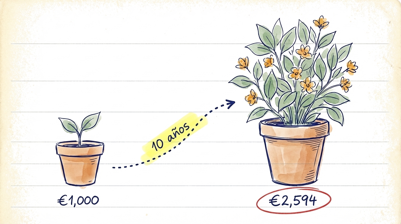 Una planta que crece más cada año, representando cómo el interés compuesto hace crecer tu dinero con el tiempo