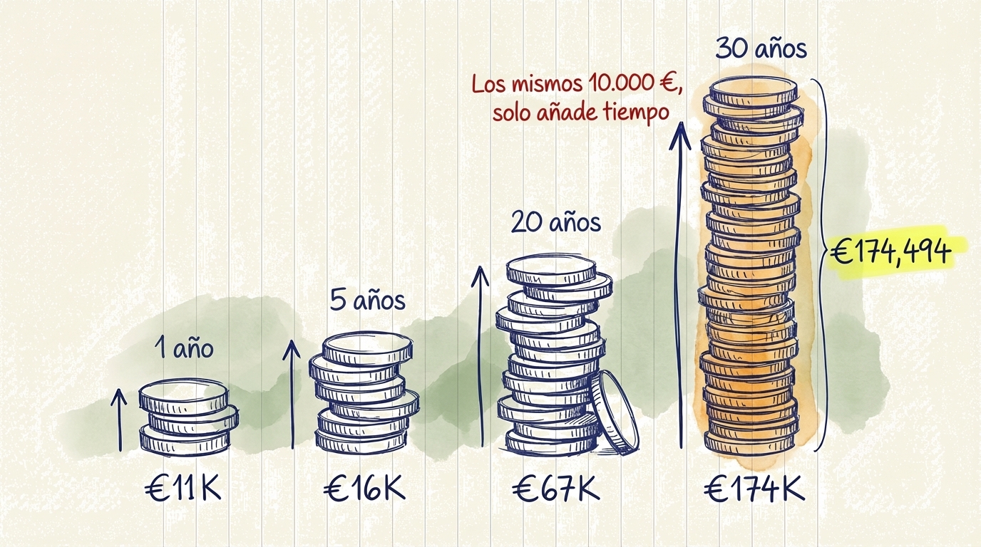 Gráfico que muestra cómo 10.000 euros crecen a 174.000 euros en 30 años con un rendimiento anual del 10%