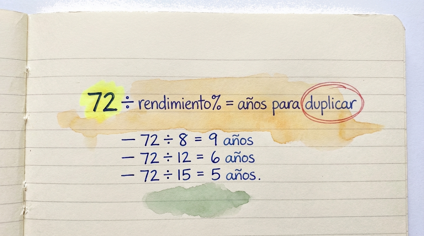 La fórmula de la regla del 72: divide 72 entre tu porcentaje de rendimiento anual para saber cuántos años tardan en duplicarse