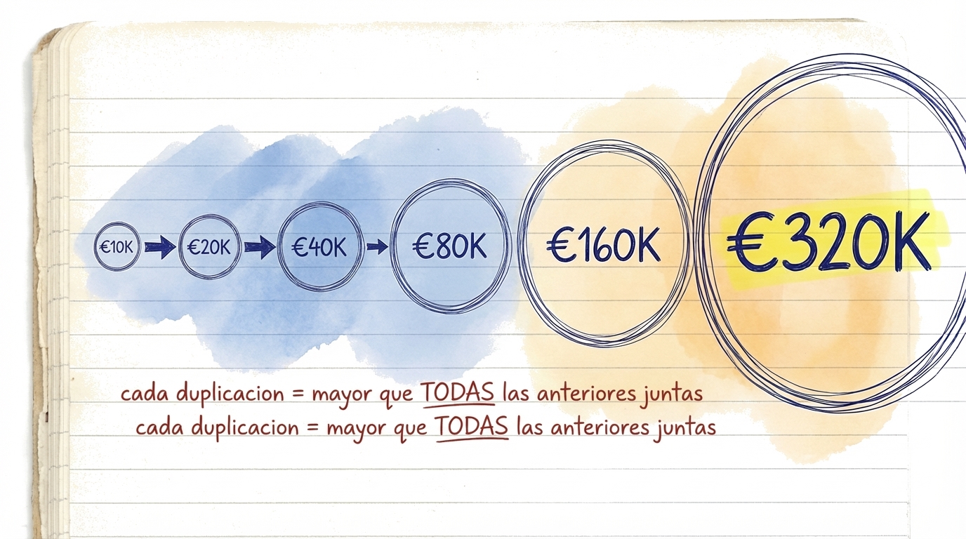 Una cadena de cantidades duplicadas mostrando cómo cada duplicación es mayor que todas las anteriores combinadas