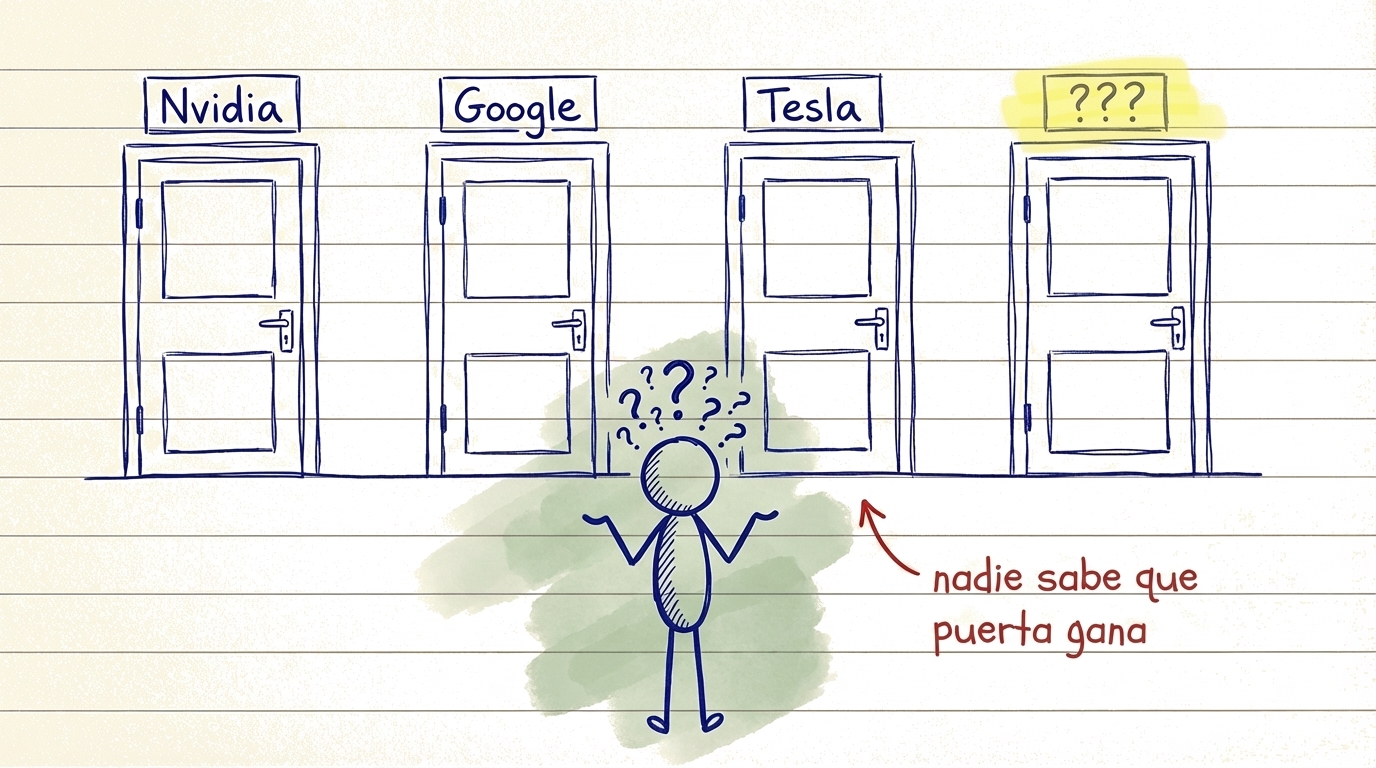 Ilustración que muestra la dificultad de elegir una sola acción ganadora entre muchas empresas competidoras