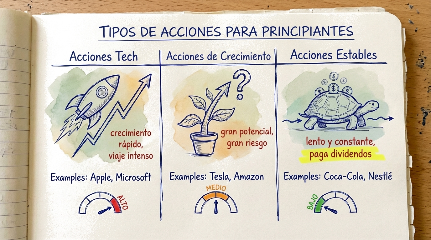 Tres tipos de acciones comparadas: Acciones tecnológicas (crecimiento rápido, viaje salvaje), Acciones de crecimiento (gran potencial, gran riesgo), y Acciones estables (lentas y constantes, pagan dividendos)