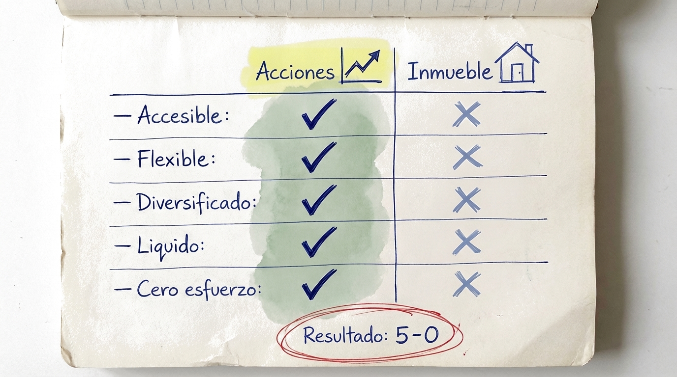 Comparación lado a lado de acciones versus inmuebles mostrando las ventajas de las acciones: accesibles, flexibles, diversificadas, líquidas y sin esfuerzo