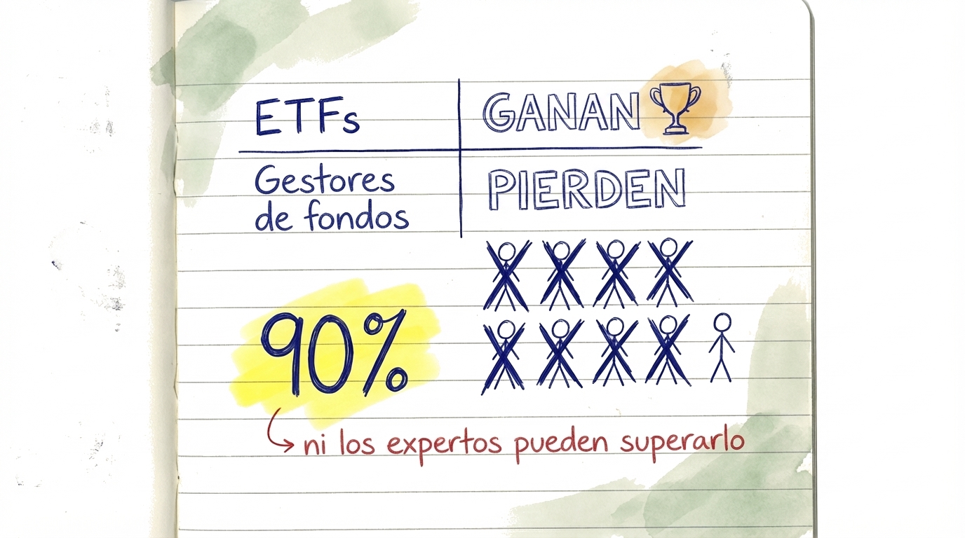 Estadística mostrando que el 90% de los gestores de fondos profesionales no logran superar a los fondos indexados ETF simples a largo plazo