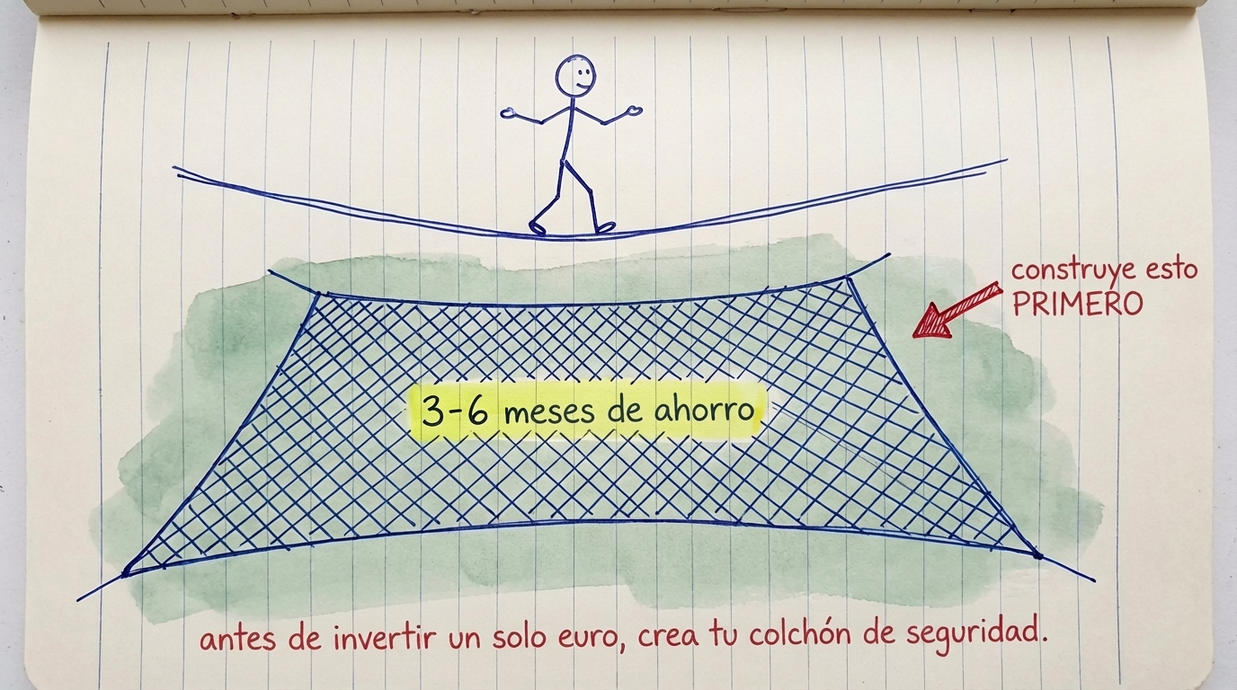 Figura de palo en una cuerda floja con una red de seguridad debajo etiquetada como 3-6 meses de ahorros — construye esto primero antes de invertir