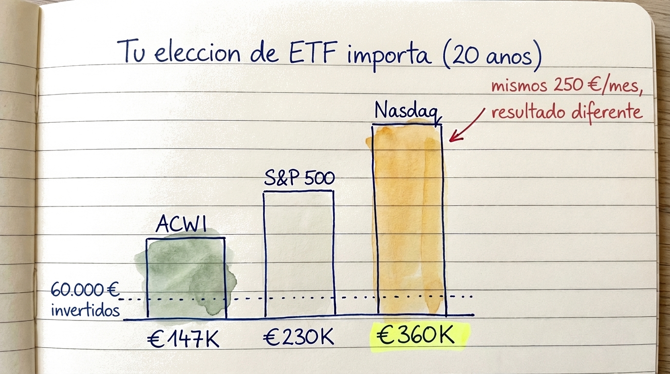 Gráfico de barras comparando el crecimiento de 250 euros al mes en ACWI, S&P 500 y Nasdaq 100 a 5, 10 y 20 años