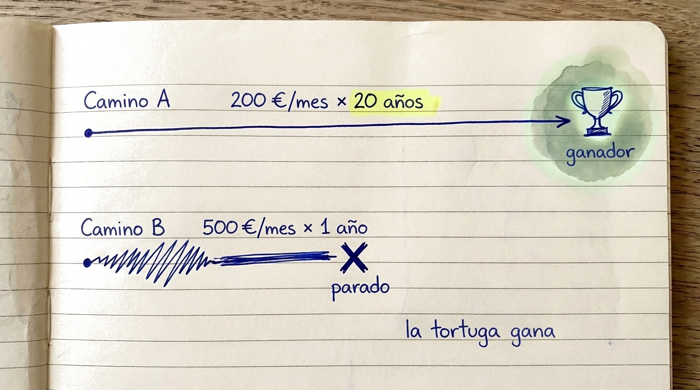 Ilustración mostrando que inversiones pequeñas constantes durante muchos años superan a las grandes esporádicas