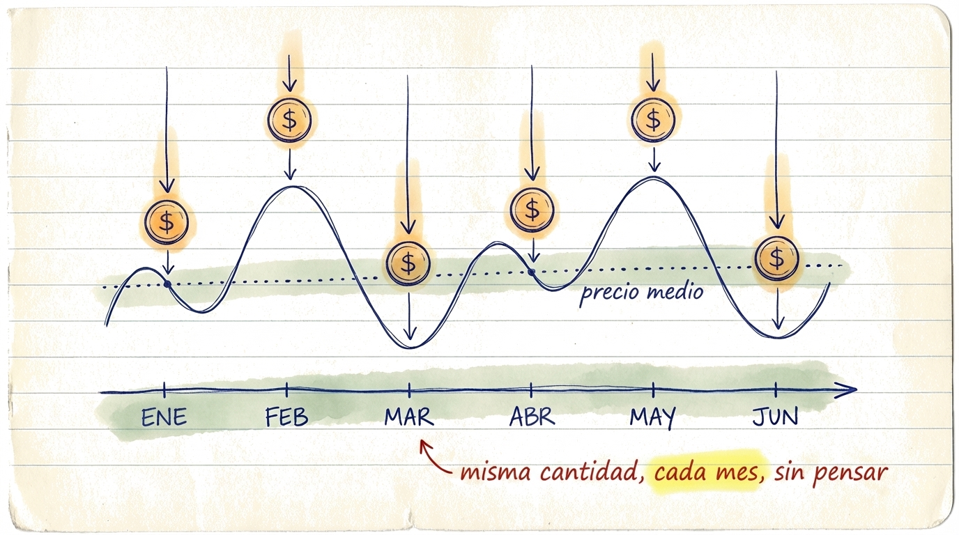 Gráfico mostrando cómo DCA te permite comprar más participaciones cuando los precios bajan y menos cuando suben, promediando tu coste con el tiempo