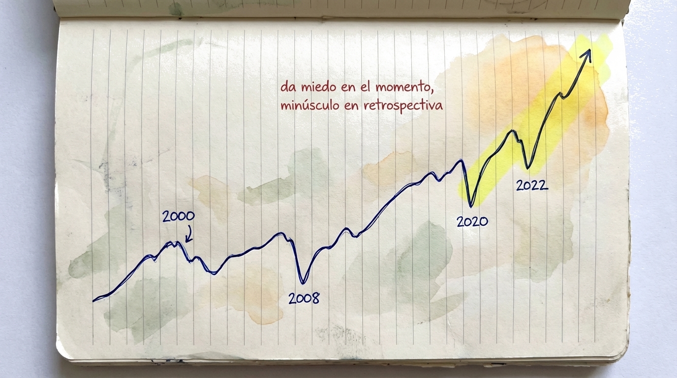 Cronología mostrando los principales desplomes bursátiles desde 2000 y cómo el mercado se recuperó y subió más después de cada uno