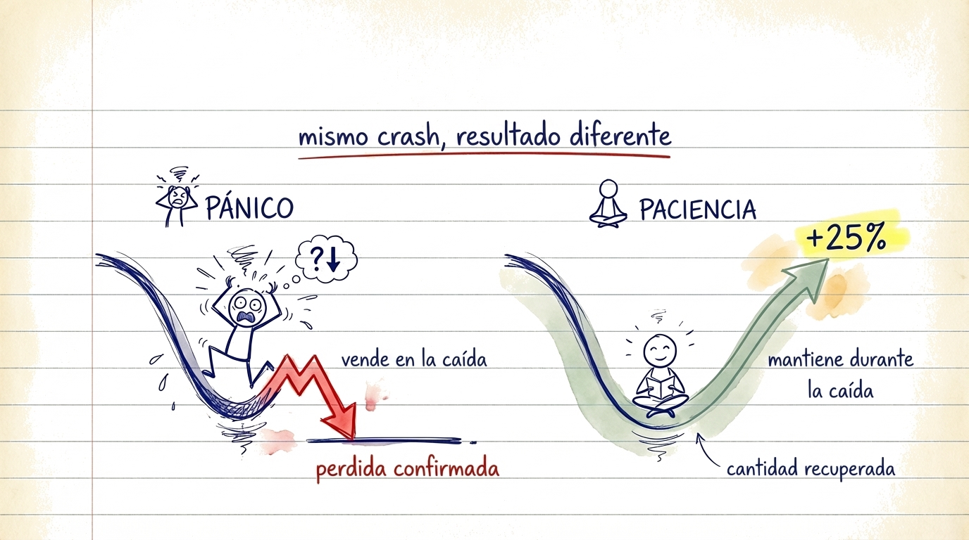 Ilustración mostrando la diferencia entre vender en pánico durante un desplome (bloqueando pérdidas) versus mantener y recuperarse