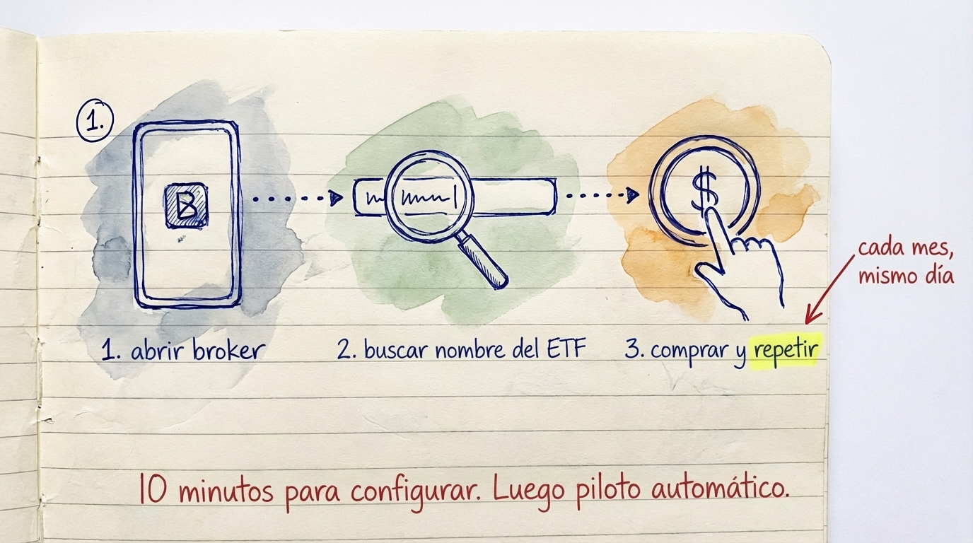Tres pasos para comprar un ETF: abre un bróker, busca el nombre del ETF, compra y repite cada mes — 10 minutos para configurar, luego en piloto automático