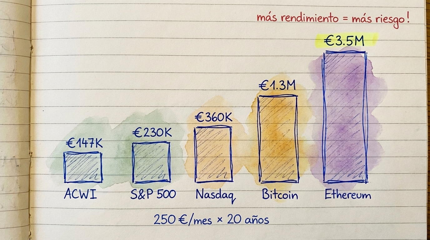 Gráfico de barras comparando los rendimientos proyectados a 20 años de ACWI, S&P 500, Nasdaq 100, Bitcoin y Ethereum con una inversión mensual de 250 euros