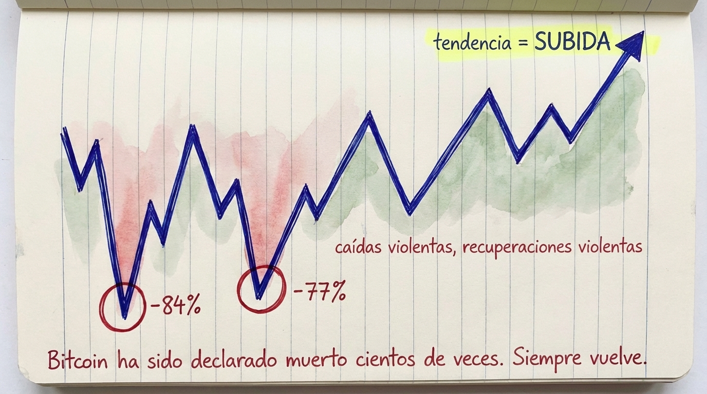 Bitcoin en zigzag con caídas violentas de -84% y -77% pero con tendencia general ascendente — sigue volviendo