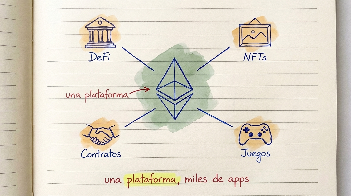 Diamante de Ethereum en el centro con ramas hacia DeFi, NFTs, Gaming y Contratos — una plataforma, miles de apps