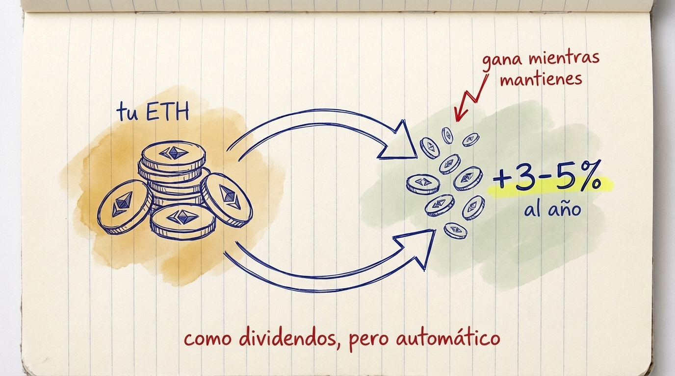 Ciclo de staking de Ethereum: tu ETH genera +3-5% al año — como dividendos, pero automático