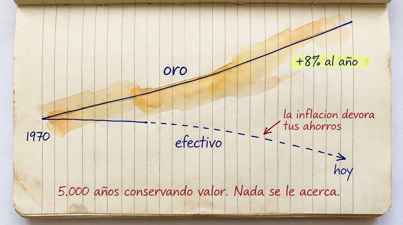 El oro subiendo constantemente desde 1970 mientras el efectivo pierde valor por la inflación — 5.000 años manteniendo su valor
