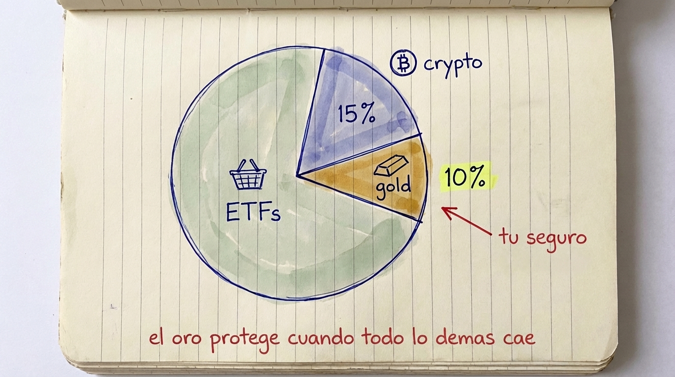 Gráfico de tarta de la cartera: 75% ETFs, 15% cripto, 10% oro — el oro es tu seguro cuando todo lo demás cae