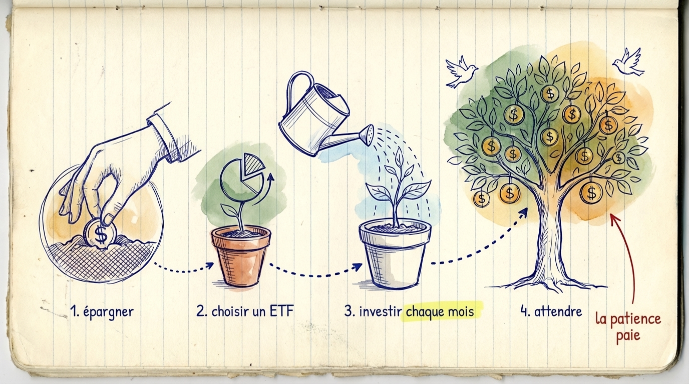Un plan d'investissement simple en 4 &eacute;tapes : &eacute;pargne de pr&eacute;caution, choisis un ETF, investis chaque mois, garde pendant au moins 5 ans