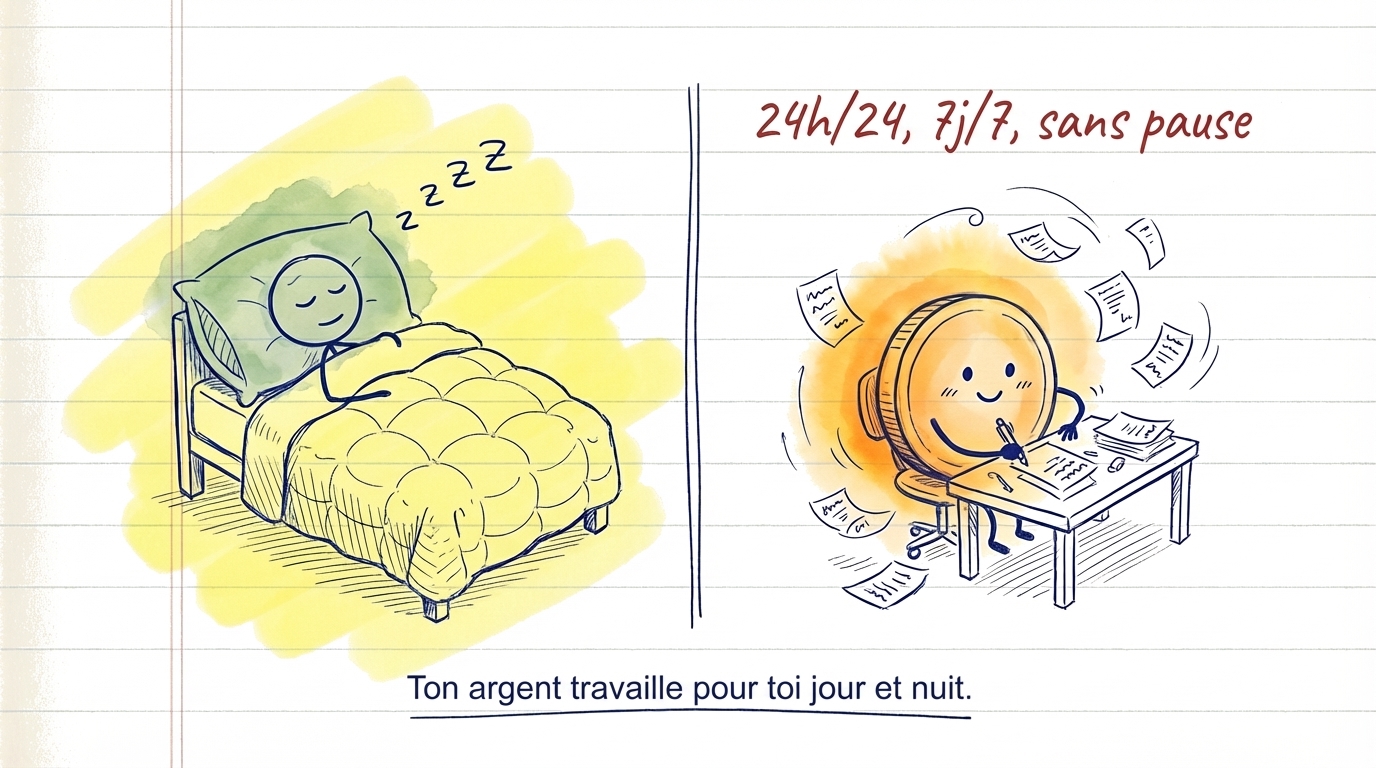 Infographie montrant comment investir r&eacute;guli&egrave;rement chaque mois fait travailler ton argent pour toi au fil du temps