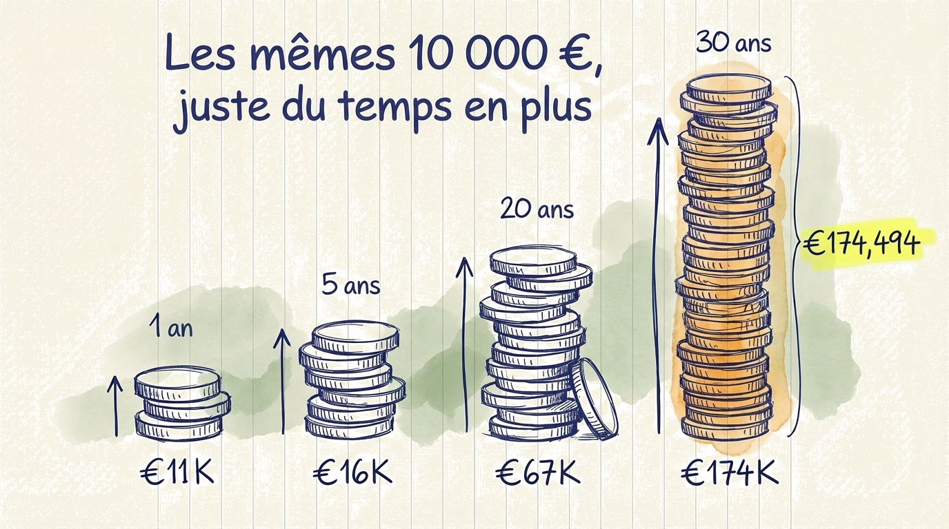 Graphique montrant comment 10 000 euros deviennent 174 000 euros en 30 ans avec un rendement annuel de 10%