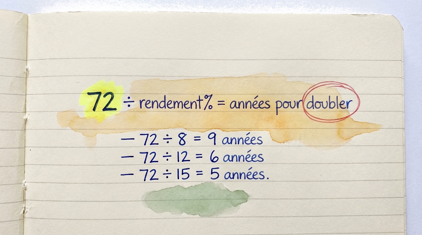 La r&egrave;gle de 72 : divise 72 par ton pourcentage de rendement annuel pour savoir en combien d'ann&eacute;es ton argent double