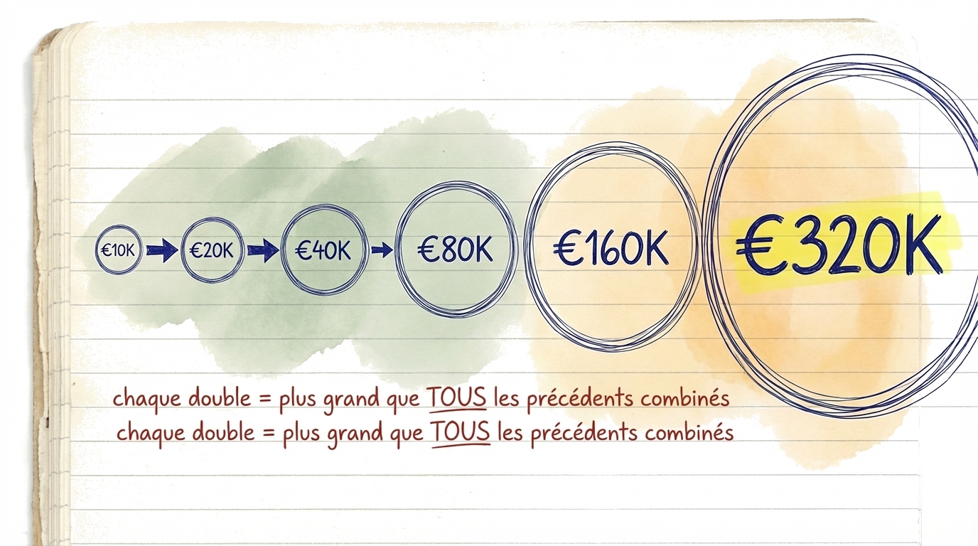 Une cha&icirc;ne de doublements montrant que chaque doublement est plus grand que tous les pr&eacute;c&eacute;dents r&eacute;unis