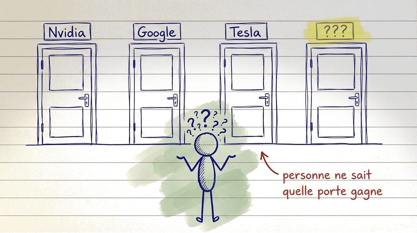 Illustration montrant la difficult&eacute; de choisir une seule action gagnante parmi de nombreuses entreprises concurrentes