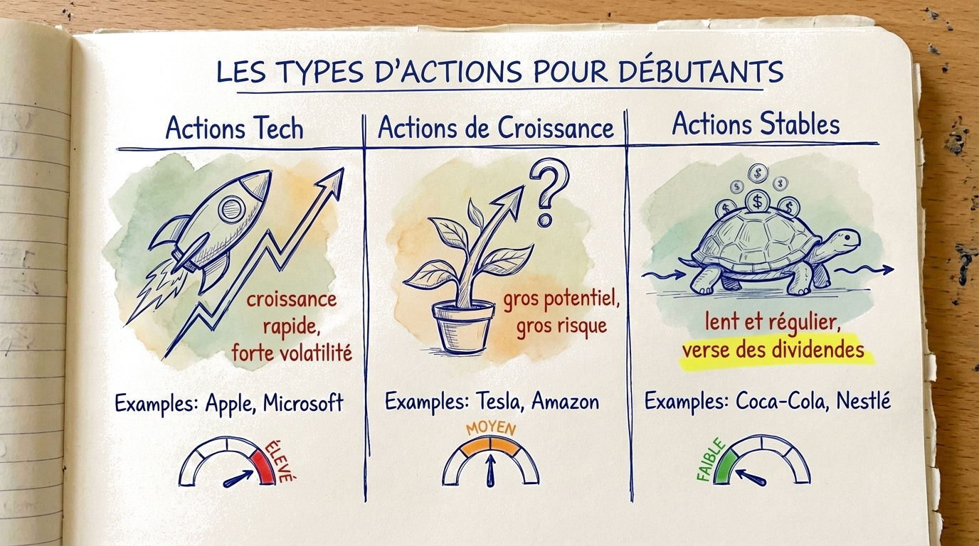 Trois types d'actions compar&eacute;s : actions tech (croissance rapide, sensations fortes), actions de croissance (gros potentiel, gros risque), et actions stables (lentes et r&eacute;guli&egrave;res, versent des dividendes)