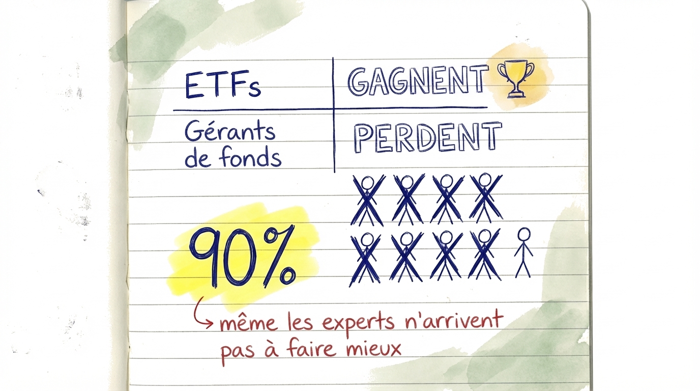 Statistique montrant que 90% des gestionnaires de fonds professionnels n'arrivent pas à battre les fonds indiciels ETF sur le long terme