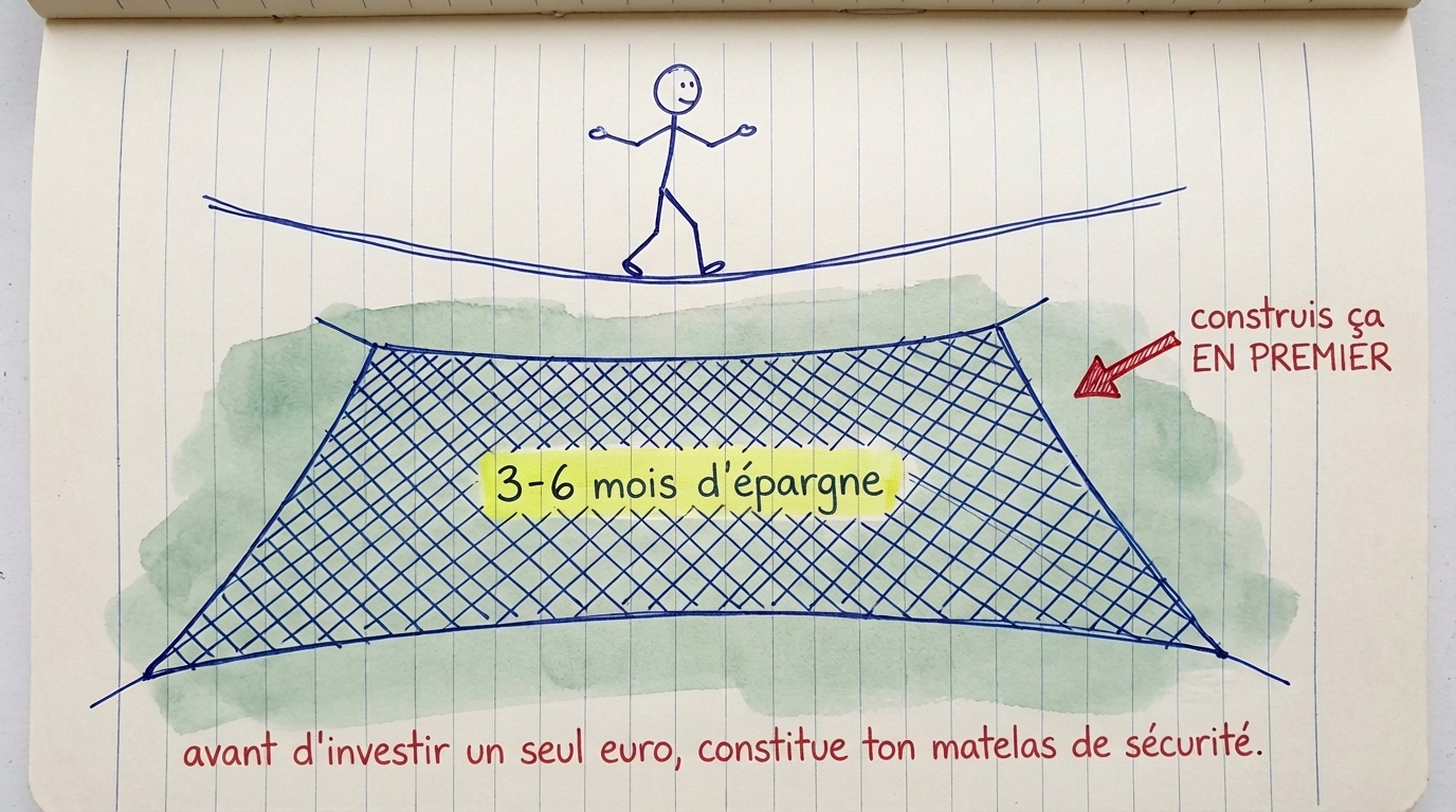 Personnage en bonhomme-bâton sur un fil avec un filet de sécurité en dessous indiquant 3-6 mois d'épargne — construis ça d'abord avant d'investir