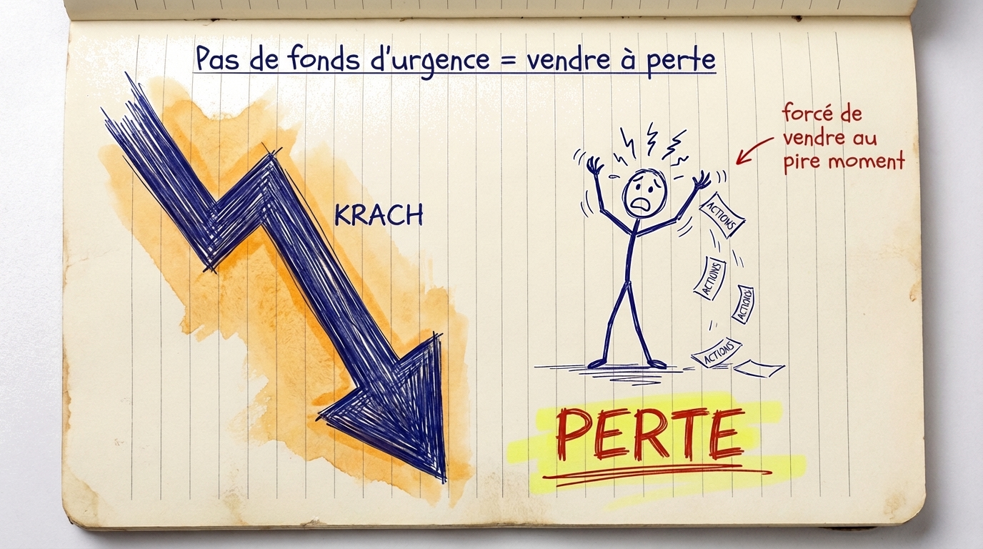 Schéma montrant comment être forcé de vendre ses investissements pendant une baisse du marché transforme les pertes en pertes définitives
