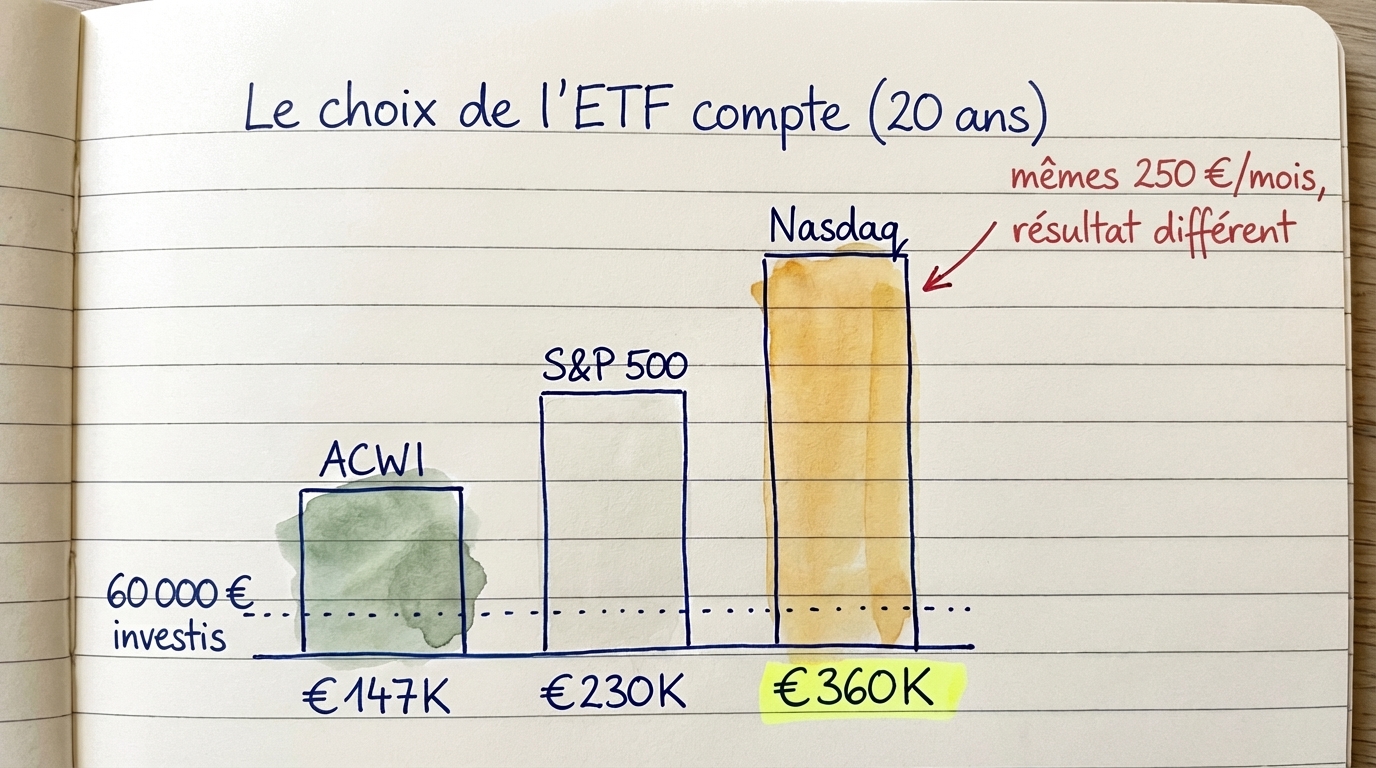 Graphique en barres comparant la croissance de 250 euros par mois entre ACWI, S&P 500 et Nasdaq 100 sur 5, 10 et 20 ans