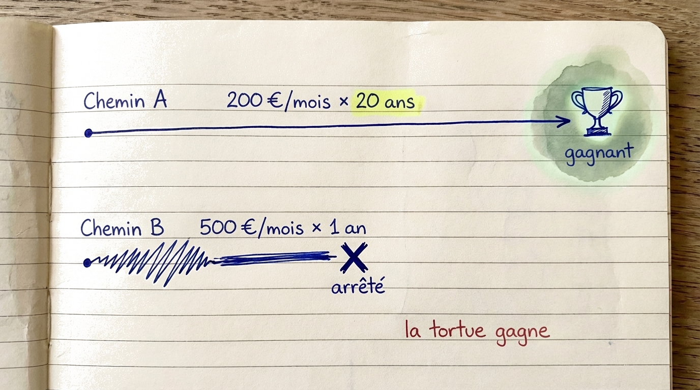 Illustration montrant que de petits investissements réguliers sur de nombreuses années surpassent de gros investissements sporadiques