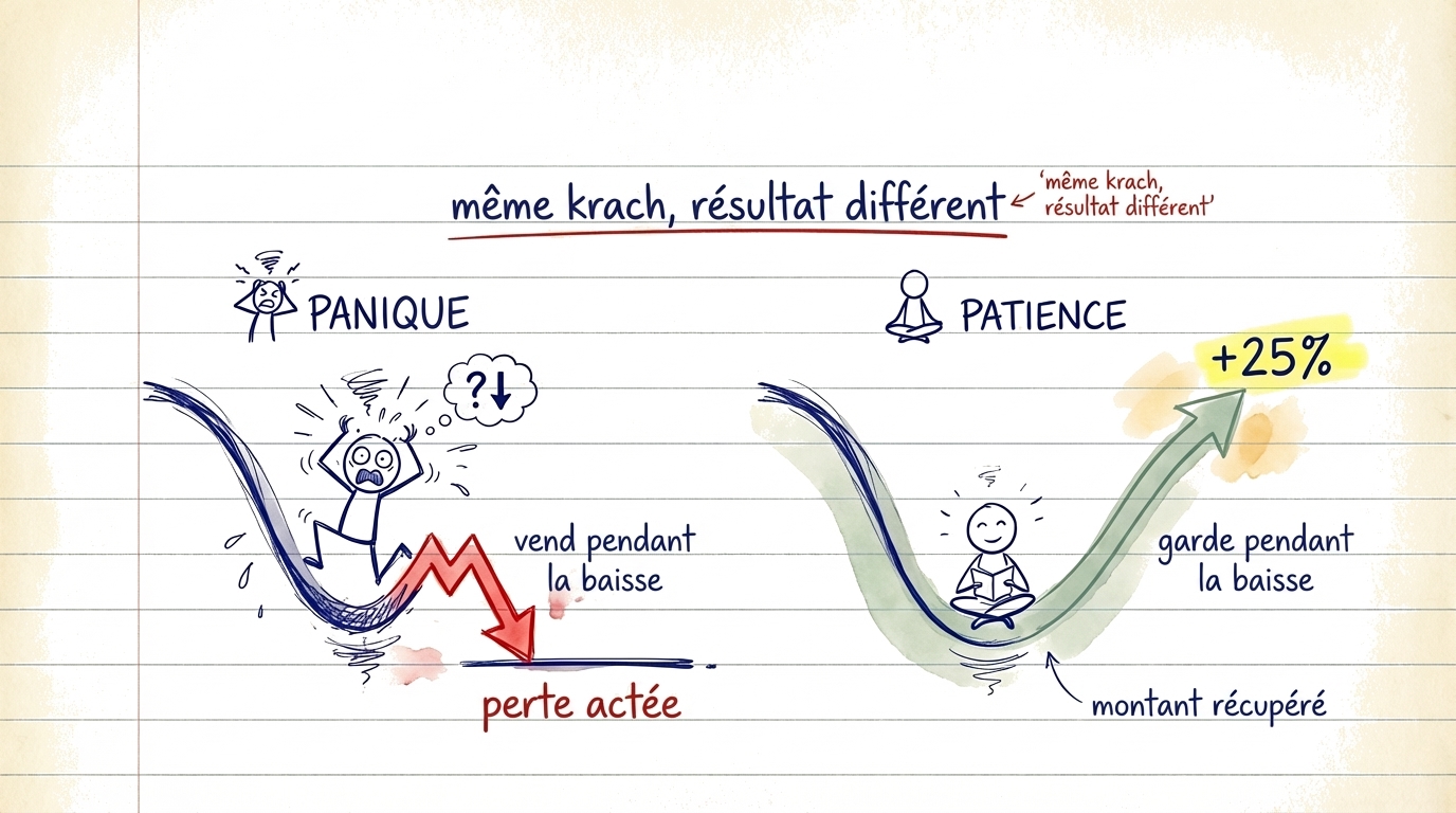Illustration montrant la difference entre vendre en panique pendant un krach (concretiser les pertes) et garder ses positions pour recuperer