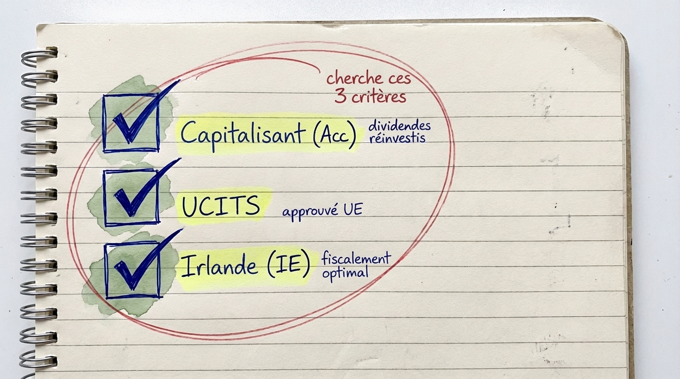 Checklist pour choisir le bon ETF : Capitalisant, approuve UCITS et domicilie en Irlande