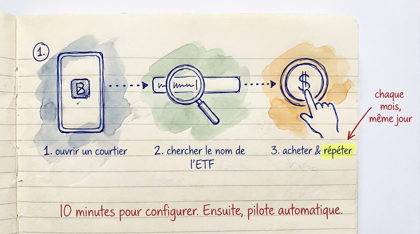 Trois etapes pour acheter un ETF : ouvrir un courtier, chercher le nom de l'ETF, acheter et repeter chaque mois &mdash; 10 minutes pour tout mettre en place, puis pilote automatique