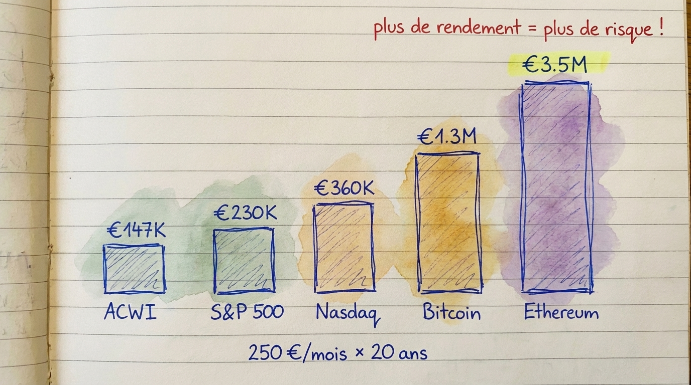 Graphique en barres comparant les rendements projetes sur 20 ans de ACWI, S&P 500, Nasdaq 100, Bitcoin et Ethereum avec un investissement mensuel de 250 euros