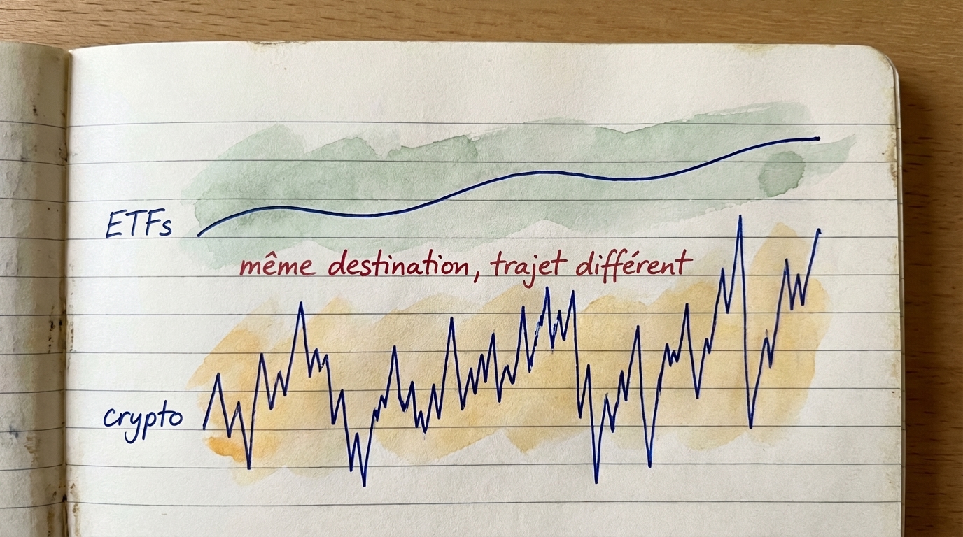 Les ETF montrent une ligne douce vers le haut tandis que la crypto fait du zigzag &mdash; meme destination, trajet different