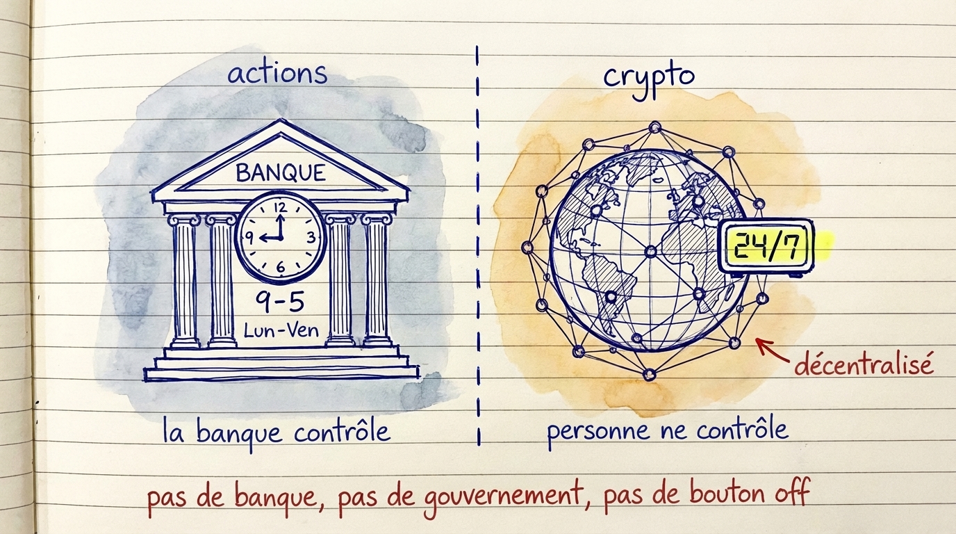 Actions controlees par les banques avec des horaires 9h-17h vs crypto decentralisee et ouverte 24/7 &mdash; pas de banque, pas de gouvernement, pas de bouton off