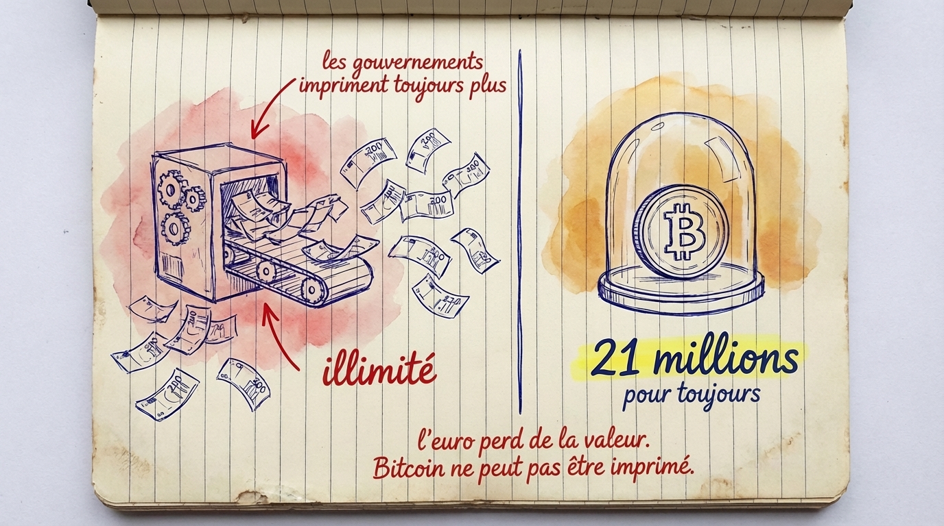 Planche a billets creant des euros a l'infini vs Bitcoin verrouille a 21 millions pour toujours &mdash; les euros perdent de la valeur, Bitcoin ne peut pas etre imprime