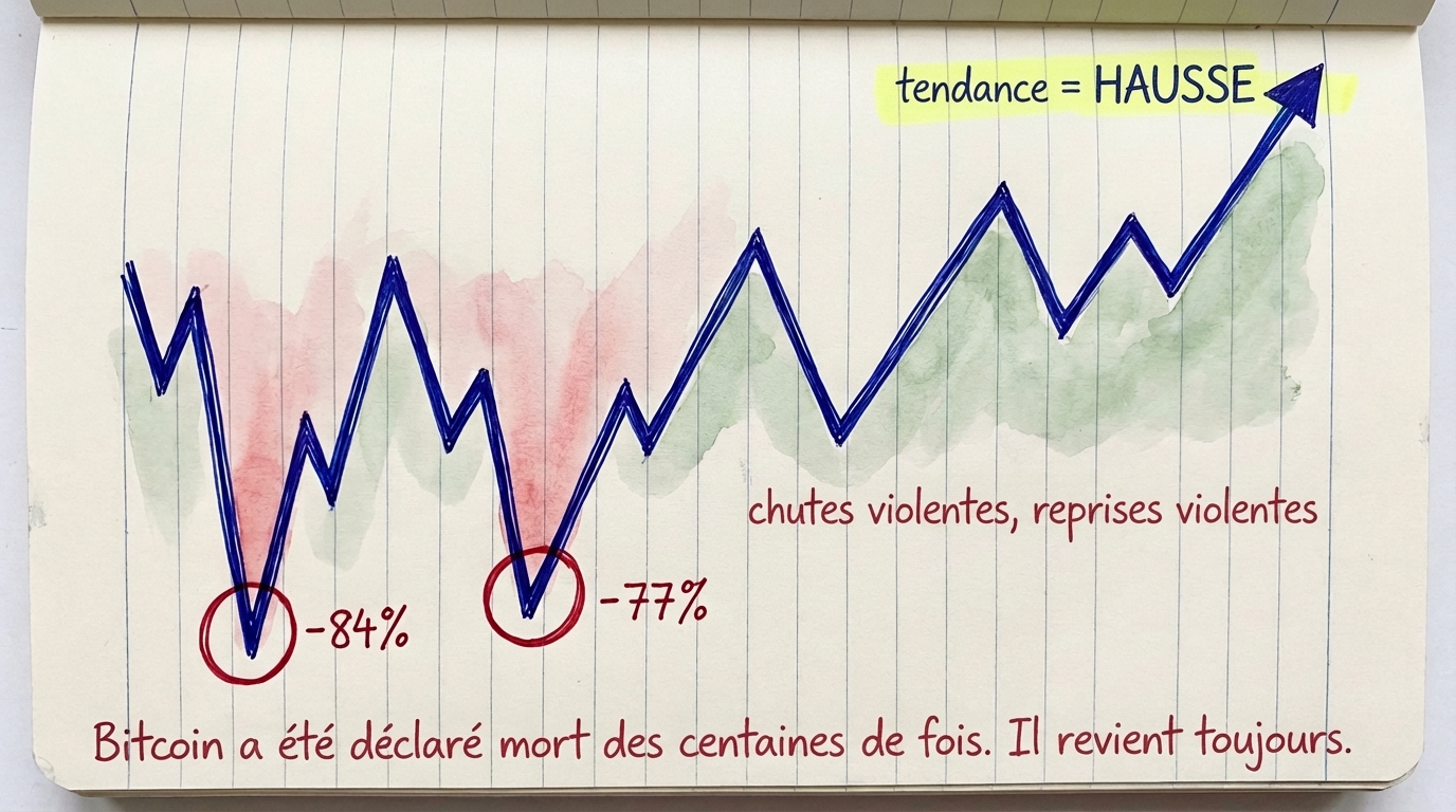 Bitcoin en zigzag avec des chutes violentes de -84% et -77% mais une tendance globale a la hausse &mdash; il revient toujours