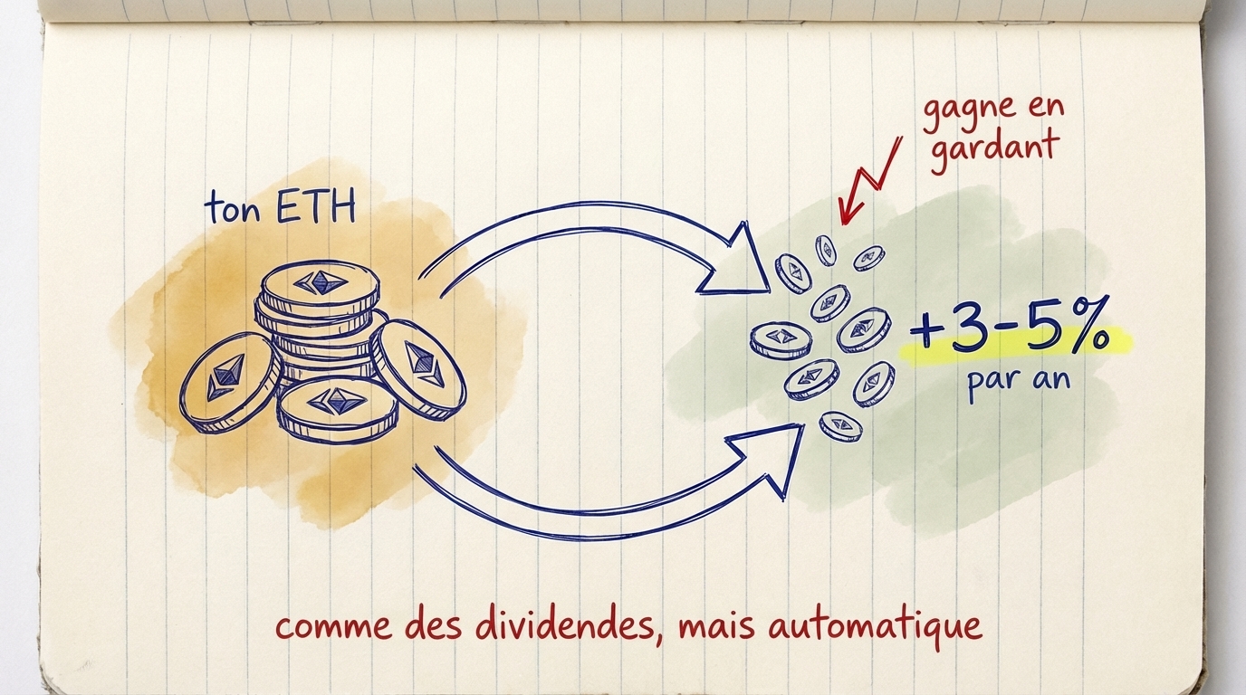 Cycle de staking Ethereum : tes ETH generent +3-5% par an &mdash; comme des dividendes, mais automatiques