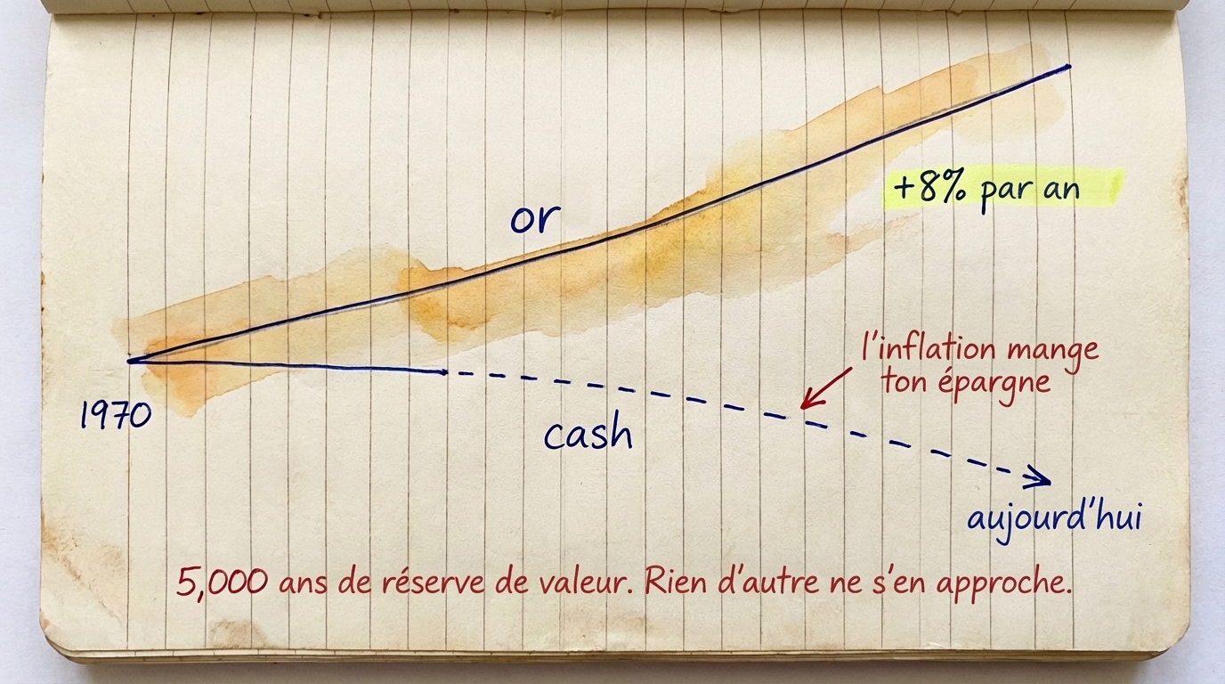 L'or monte regulierement depuis 1970 tandis que le cash perd de la valeur a cause de l'inflation &mdash; 5 000 ans a conserver sa valeur